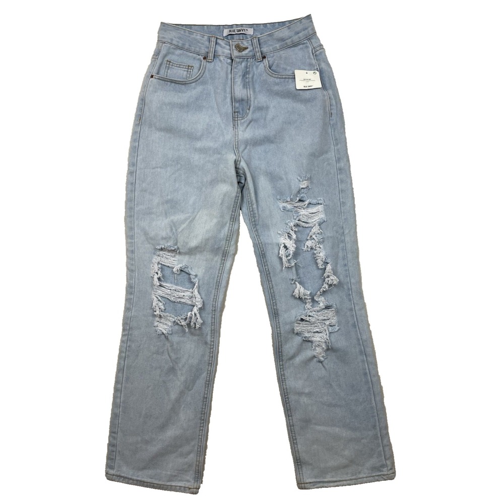 Blue Savvy Juniors Straight Leg Distressed Jeans Sz‎ 3/26 Baggy Y2K 90s Festival